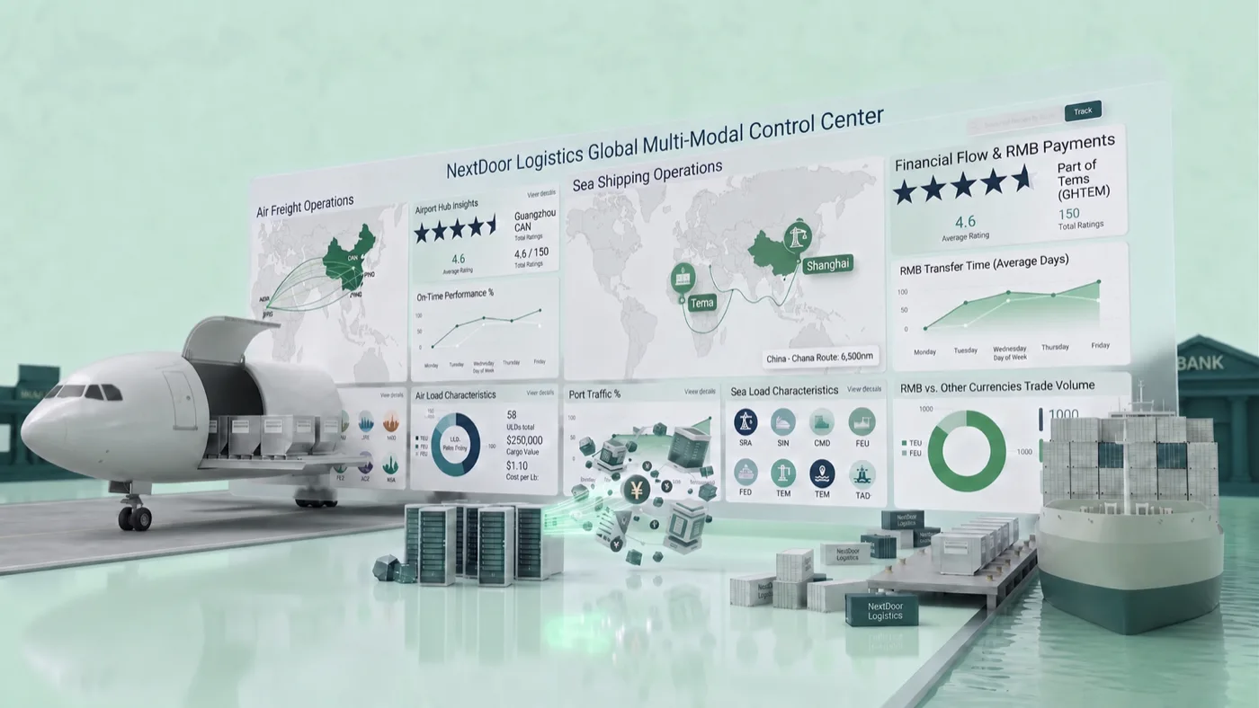 Nextdoor Logistics multi-modal control centre showing Air Freight, Sea Shipping and RMB payment operations between Ghana and China