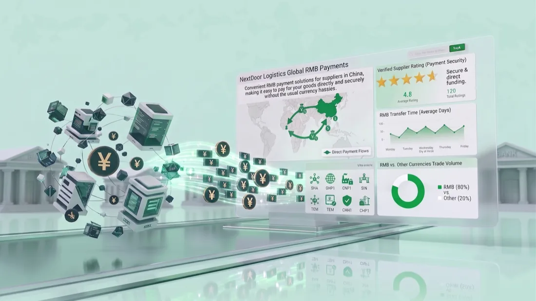 Renminbi payments flowing between banks beside a Nextdoor Logistics RMB Transfer dashboard
