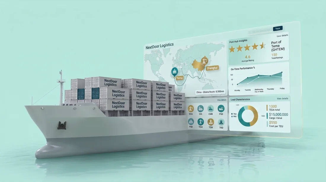 Container ship on the Shanghai to Tema route beside a Nextdoor Logistics port dashboard