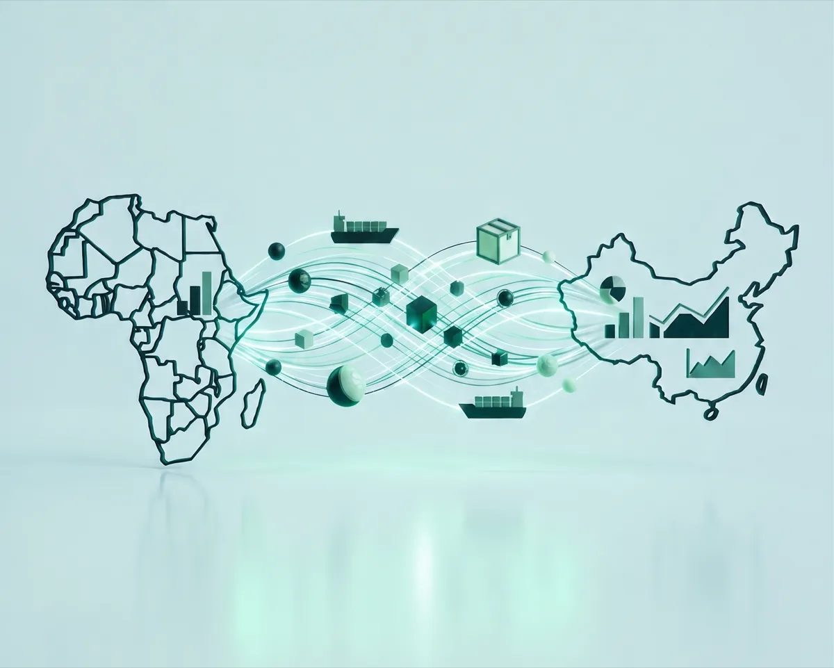 Illustration of shipping routes and trade data flowing between Africa and China